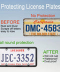 Comparison of license plates with and without 2Pack Transparent License Plate Cover And Frame Set protection.
