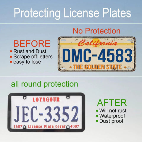Comparison of license plates with and without 2Pack Transparent License Plate Cover And Frame Set protection.