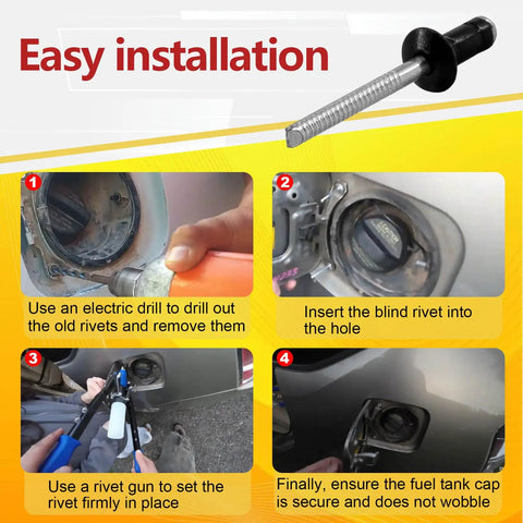 Heavy Duty Fuel Tank Door Rivet 10 Pack Gas Cap Screw Fastener Clips For Toyota installation steps with drill and rivet gun.