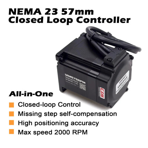 Integrated Closed-Loop Stepper Motor With Built-In Encoder shown in NEMA23 housing, highlighting features like closed-loop control and max 2000 RPM.