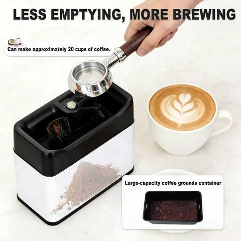 Hassle Free Portafilter Scrubber With Dual Spin Brushes And Auto Knock Box Smooth Espresso Machine Cleaner For Home And Cafe Bars, large-capacity coffee grounds container.