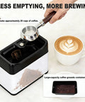 Automatic Electric Coffee Grounds Cleaner With Dual Spin Brushes And Knock Box No Sweat Portafilter Cleanup Fast 340 RPM, showing large-capacity container.