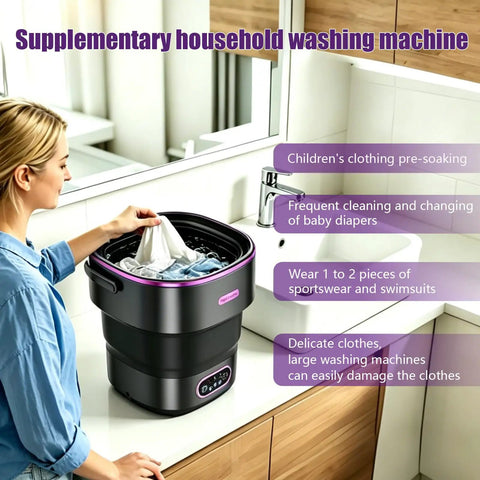 Woman using Boss Grade Portable Mini Washing Machine Foldable Layout For Apartments RVs And Dorm Rooms for delicate laundry.