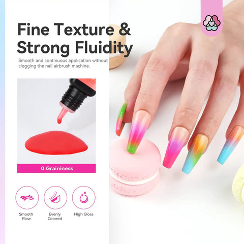 Airbrush Gel Nail Polish Set With 24 Hema-Free Non-Acetone Colors for Gradients and Layered Nail Art shown on manicured hand