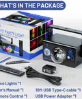 Party Lights And Disco Ball 2 In 1 RGB Color Changing Stage Lighting with accessories, box, remote, USB cable, adapter