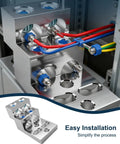 Mechanical Stacked Lug Terminal Block For Quick Secure Mounting In Electrical Panels Copper And Aluminum Compatible Supports 500 KCMIL And 600 MCM Wires 600T4 CU9AL Heavy Duty Fast Wiring Convenience, installed with wires