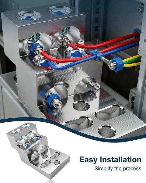 Mechanical Stacked Lug Terminal Block For Quick Secure Mounting In Electrical Panels Copper And Aluminum Compatible Supports 500 KCMIL And 600 MCM Wires 600T4 CU9AL Heavy Duty Fast Wiring Convenience, installed with wires