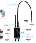 Premium Hidden Devices Detector Kit with RF antenna, magnet sensor, and camera finder for spotting hidden cameras and spy bugs.