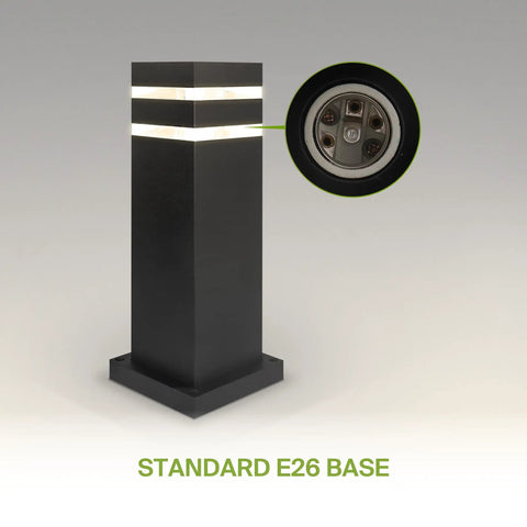 Round 18 Inch All Weather Outdoor Bollard Light Fixture With 60W E26 Socket 120V Dimmable Waterproof Compatible LED CFL Incandescent Bulbs ETL Listed Black Landscape Pathway Lantern showing standard E26 base