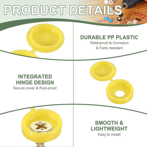 Top Tier Hinged Screw Cover Caps With Slick Plastic Snap Design For Hassle Free Furniture Cabinet Window And Railing Setup Includes One Hundred Bright Yellow Six Millimeter Foldable Screw Hole Plugs For Totally Solid Fit, showcasing durable yellow PP plastic and integrated hinge design.