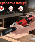 Beefy Electric Die Grinder With One Quarter Inch Collet, Variable Speed Corded Power Grinder held by hands on a wooden table