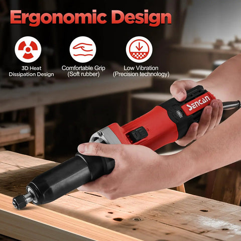 Beefy Electric Die Grinder With One Quarter Inch Collet, Variable Speed Corded Power Grinder held by hands on a wooden table