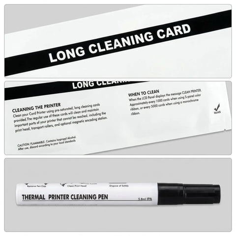 Pro Gear Thermal ID Card Printer Maintenance Kit containing long cleaning cards and cleaning pen for printer upkeep.