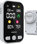 Front and back view of 4-In-1 Travel Carbon Monoxide Detector and Gas Alarm with Temperature and Humidity Sensors, portable plug-in.