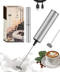 Rechargeable Milk Frother With USB, Portable Handheld Whisk for Latte, includes box, cable, and whisk parts, Silver