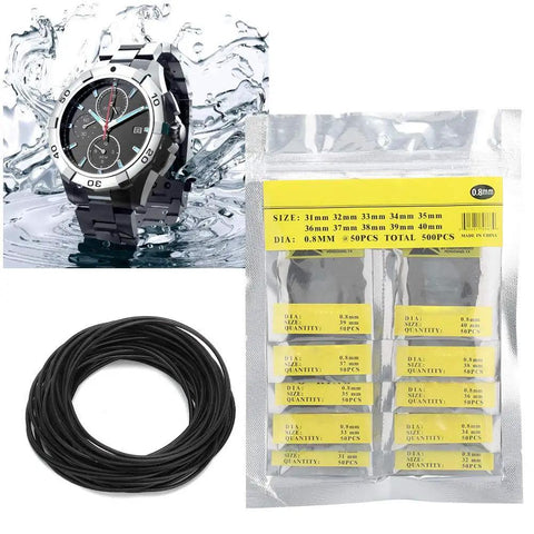 Watch Back Gasket Set 500Pcs Waterproof O Ring Seals Kit packaging and rubber gaskets in 36mm and 40mm sizes with a water-resistant watch.