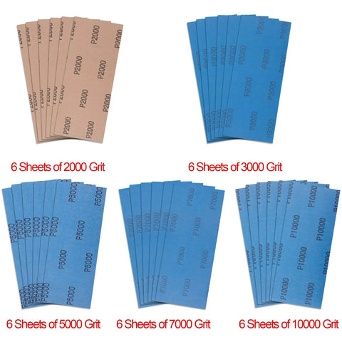 Pro Grade Wet And Dry Sandpaper Set Of 30 Grit Papers 2000 3000 5000 7000 10000 with Six Sheets Each, 9 by 3.6 inch abrasive paper