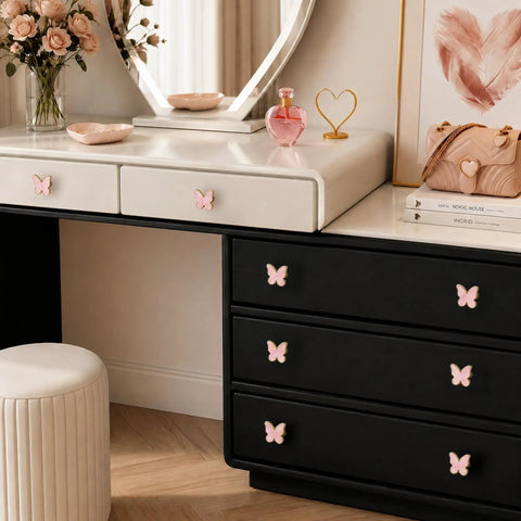 Six Pack Pink Butterfly Dresser Knobs For Bedroom Updates Sturdy Zinc Alloy Drawer Pulls on black vanity dresser.