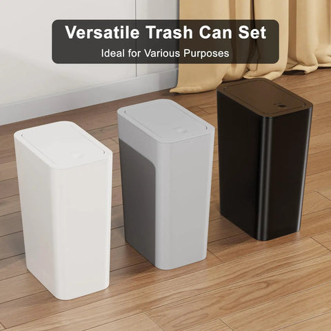 Three Pack 10L Small Trash Cans With Lids Pop Up Lid Space Saving Slim Waste Baskets in Black, Grey, and Off White