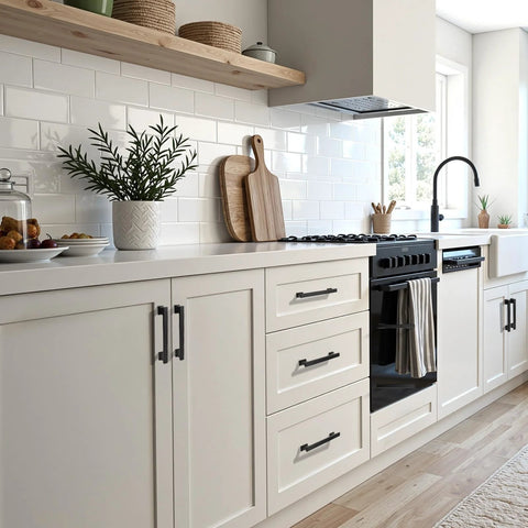 10 Pack Matte Black Solid Cabinet Pulls 5 Inch Center to Center installed on white kitchen cabinets with zinc alloy construction