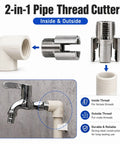 2-In-1 Pipe Threading Tool For PPR PVC Pipes Internal External Thread Cutter With Hex Shank Drill Adapter showing inside and outside threads on pipes.