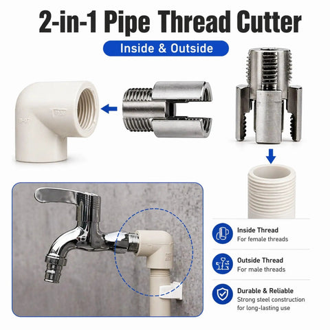 2-In-1 Pipe Threading Tool For PPR PVC Pipes Internal External Thread Cutter With Hex Shank Drill Adapter showing inside and outside threads on pipes.