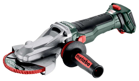 Built Tough Brushless 18V Cordless Flat Head Angle Grinder 125 MM Disc With Swivel Battery Base for metalworking, close-up view.