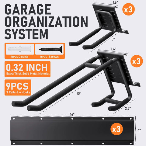 Heavy Duty Garden Tool Organizer Wall Mount For Garage With 3 Racks And 6 Adjustable Hooks, 48 Inch Steel Tool Storage System
