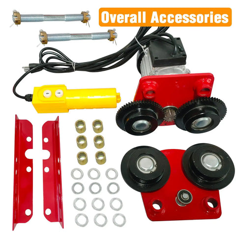 Beefy Electric Trolley For Power Hoist 1 Ton Capacity components including wheels and control cable on white background