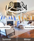 Bladeless Ceiling Fan With Lights And Remote, Ultra Quiet With Six Speeds And Stepless Dimming, Modern Geometric Design For Bedroom Or Living Room, Energy Efficient, Low Noise And Slick Home Upgrade showing summer and winter rotation modes in a living room.