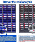 Gnarly Fifty Two Drawer Parts Cabinet For Bolts Nuts And Small Hardware Keeps Your Workshop Clean As Whistle With Grit Resistant Steel Build and smooth trays showcasing blue and transparent drawer materials.