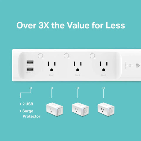 Smart Power Strip With 3 Independent Outlets And 2 USB Ports, Surge Protector For Home And Office, White, front view