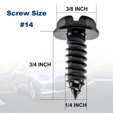Close-up of Stainless Steel Anti Theft License Plate Screws 8 Pack Black Tamper Proof Bolts For Cars Trucks And SUVs with sizes marked.