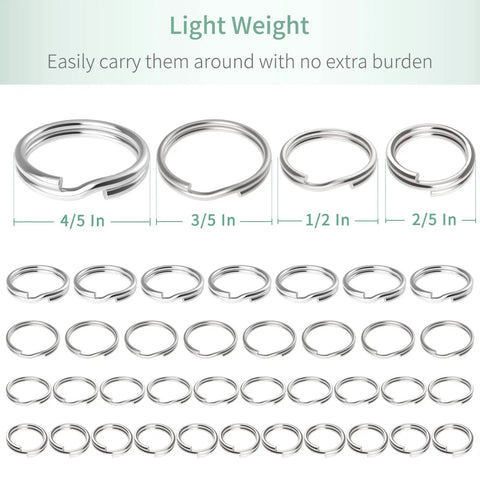 Different sizes of silver metal rings including Half Inch Split Key Rings Set, 100 Mini Jump Rings With Double Loops, Small Metal Connectors.