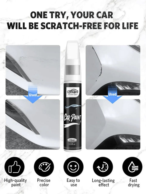 Wolf Gray Touch Up Paint Pen 2 In 1 Car Scratch Remover with pen tip and brush next to before and after scratch repair images.