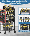 Five Tier Power Tool Organizer Cart With Wheels 300 Lb Capacity Heavy Duty Rolling Tool Rack And Storage Solution For Garage And Workshop Drill Holder Mess Free Organization Made Easy For Busy Pros displaying tools and storage boxes in a garage setting.
