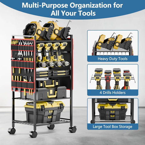 Five Tier Power Tool Organizer Cart With Wheels 300 Lb Capacity Heavy Duty Rolling Tool Rack And Storage Solution For Garage And Workshop Drill Holder Mess Free Organization Made Easy For Busy Pros displaying tools and storage boxes in a garage setting.
