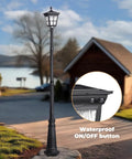 Solar Post Light Dusk To Dawn Outdoor Lamp With Pole in driveway showing waterproof button feature