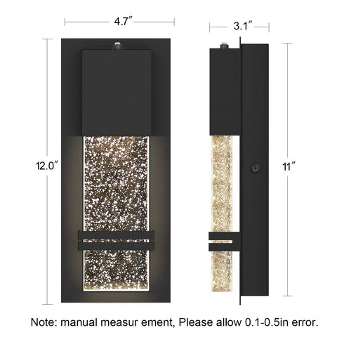 Dusk To Dawn Outdoor Light Fixture Wall Sconces 2 Pack Crystal Bubble Glass 12W 3000K side and front view with measurements.