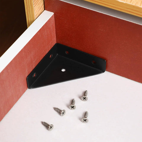 Heavy Duty Triangle Corner Brackets 10 Pack for Furniture and Cabinets with Pre Drilled Holes in corner with screws visible