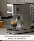 Top Shelf No Fuss 20 Bar Espresso Machine With Built In Grinder And Fast Milk Frother Stainless Steel All In One Coffee Maker Featuring Easy Lcd Display pouring iced coffee.