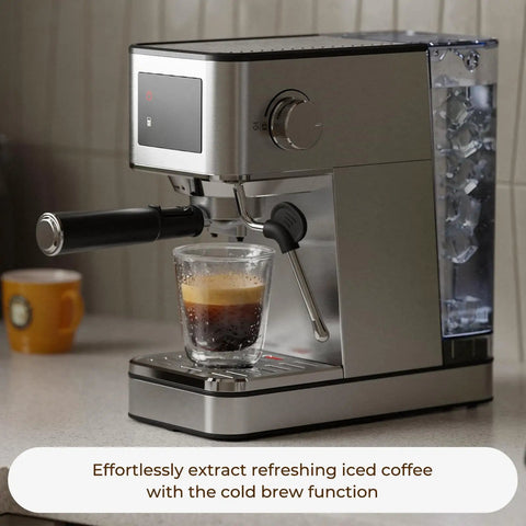 Top Shelf No Fuss 20 Bar Espresso Machine With Built In Grinder And Fast Milk Frother Stainless Steel All In One Coffee Maker Featuring Easy Lcd Display pouring iced coffee.