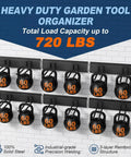 Heavy Duty Garage Wall Organizer System With Six Rails And Twelve Adjustable Hooks, 96 Inch, 20 Pack Tool Storage Rack Holds Up To 720 Lbs, shown with weights.