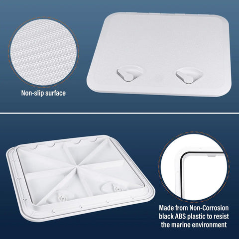 Heavy Duty ABS Marine Deck Hatch Built Tough For Weekend Warriors And Captain Crews Featuring Bullet Proof Rubber Weather Seal And Lockdown Recessed Handles Delivers In Pristine White with non-slip surface and black ABS construction.