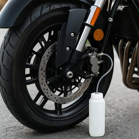 Motorbike front wheel with Brake Bleeder Kit For Cars And Motorbikes With 1L Bleeder Bottle attached for fluid bleeding