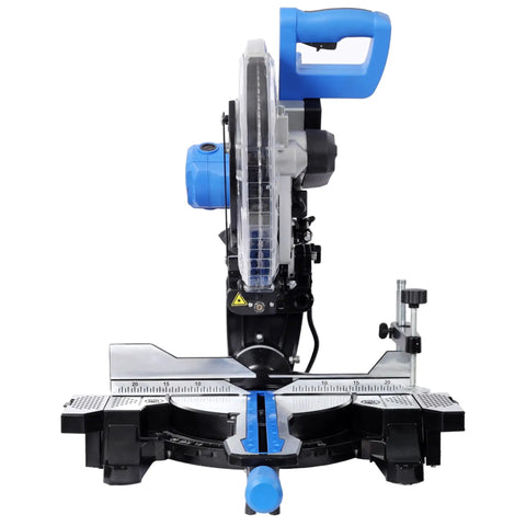 Heavy Duty Pro Grade Sliding Compound Miter Saw With 12 Inch 80 Tooth Blade And 15 Amp Motor Delivers Dual Bevel Versatility side view showing laser guide and base.