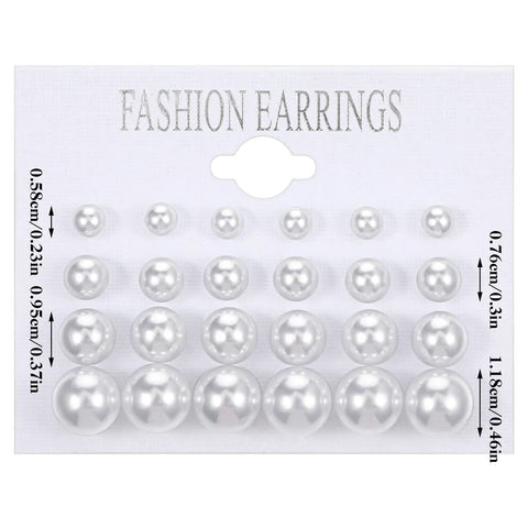 24 Pairs Pearl Stud Earrings Set For Women White And Beige Faux Pearl Studs In Four Sizes 4mm 6mm 8mm 10mm Round Ball Design Ideal For Everyday Wear Gift Idea. white faux pearl stud earrings set on display card, four sizes