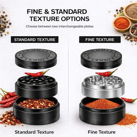 Two 3-inch spice grinders with dual grind plates for fine and standard texture; black plastic and silver stainless top.
