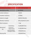Specification chart for 22mm NC Red Mushroom Emergency Stop Push Button Switch 600V 10A with operational details.