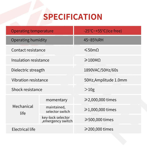 22mm 3 Position Momentary Key Switch With 2 Normally Open Contacts For Industrial Machinery And Control Panels Removable Key 660VAC 10A Rating Durable Plastic Housing Easy Mounting High Reliability specification chart showing operating and life ratings